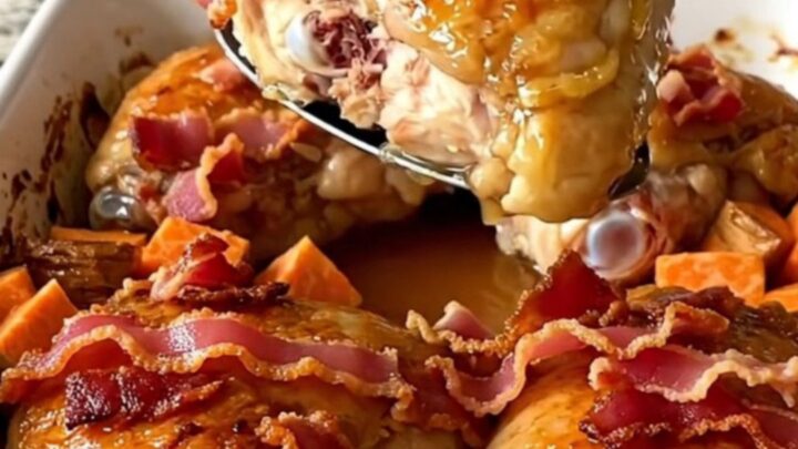 A golden-brown maple bacon chicken and sweet potato bake in a white ceramic dish.