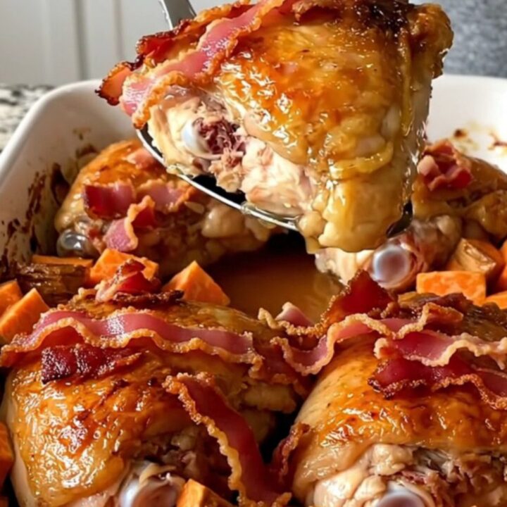 A golden-brown maple bacon chicken and sweet potato bake in a white ceramic dish.
