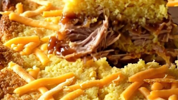 A golden, bubbling BBQ pulled pork cornbread casserole in a white ceramic baking dish.