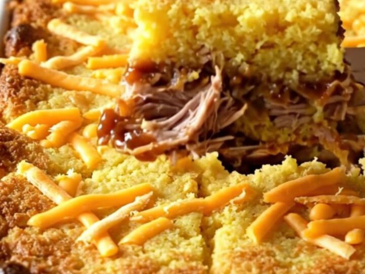 A golden, bubbling BBQ pulled pork cornbread casserole in a white ceramic baking dish.