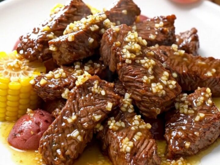 A close-up of tender beef tips, corn cob rounds, and halved baby red potatoes in a savory Cajun garlic butter sauce.