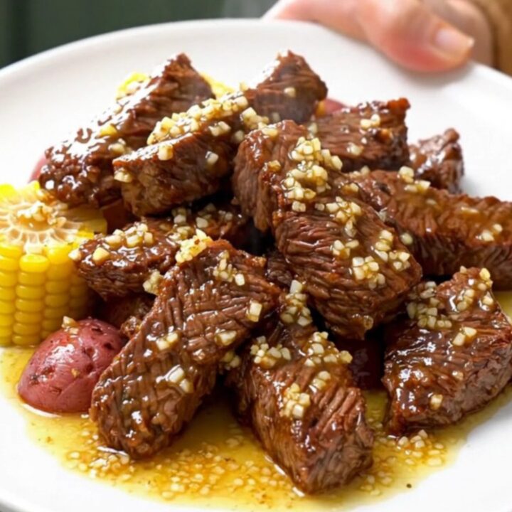 A close-up of tender beef tips, corn cob rounds, and halved baby red potatoes in a savory Cajun garlic butter sauce.