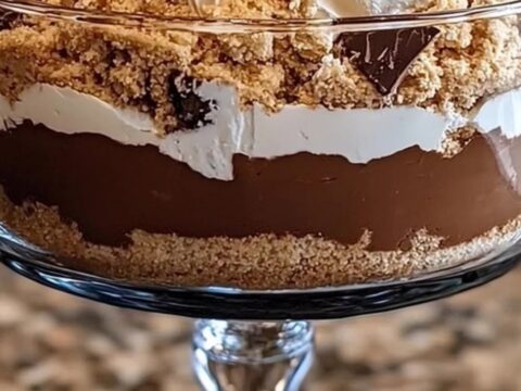A clear glass pedestal trifle dish filled with beautiful layers of chocolate pudding, whipped cream, and graham crumbs.
