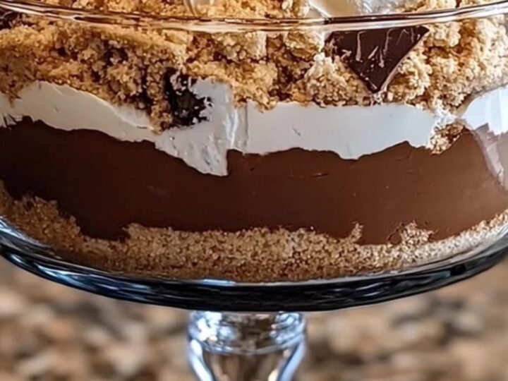 A clear glass pedestal trifle dish filled with beautiful layers of chocolate pudding, whipped cream, and graham crumbs.