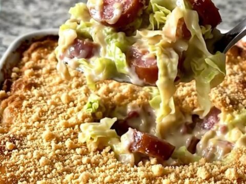A golden, bubbling cabbage and smoked sausage casserole in a white ceramic dish on a speckled granite countertop.