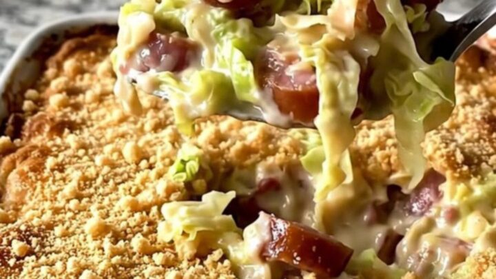 A golden, bubbling cabbage and smoked sausage casserole in a white ceramic dish on a speckled granite countertop.