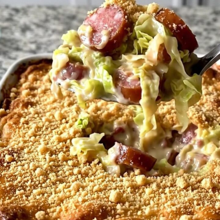 A golden, bubbling cabbage and smoked sausage casserole in a white ceramic dish on a speckled granite countertop.