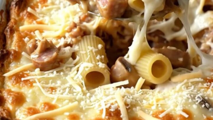 A top-down view of a creamy rigatoni bake with sausage and mushrooms in a white rectangular dish.