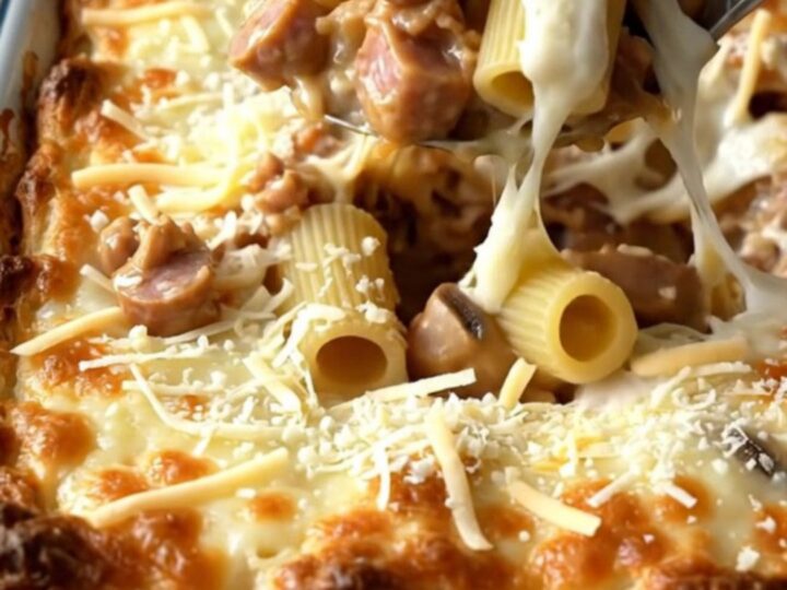A top-down view of a creamy rigatoni bake with sausage and mushrooms in a white rectangular dish.