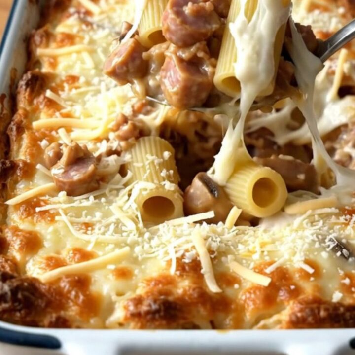 A top-down view of a creamy rigatoni bake with sausage and mushrooms in a white rectangular dish.