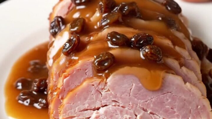A spiral-sliced ham sitting in a slow cooker, topped with raisins, brown sugar, and pineapple juice.