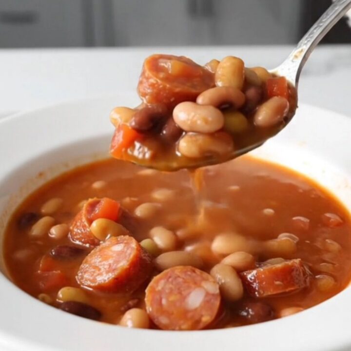 A close-up of a slow cooker filled with a hearty fifteen-bean soup featuring sliced smoked sausage and a rich tomato broth.