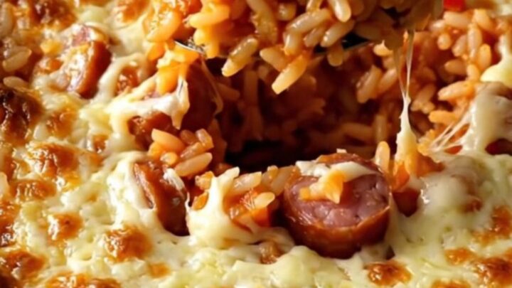 A top-down view of a ceramic baking dish filled with rice, smoked sausage coins, and diced bell peppers.