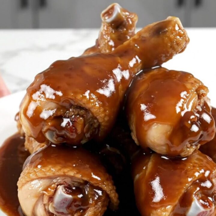 Close up of slow-cooked molasses barbecue chicken drumsticks in a black ceramic slow cooker pot.