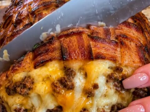 A sliced bacon-wrapped meatloaf on a wooden board showing melted cheddar cheese oozing from the center.