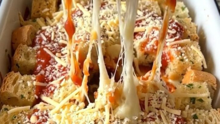 A top-down view of a rectangular baker filled with golden-brown garlic bread pizza bake, featuring bubbling cheese.