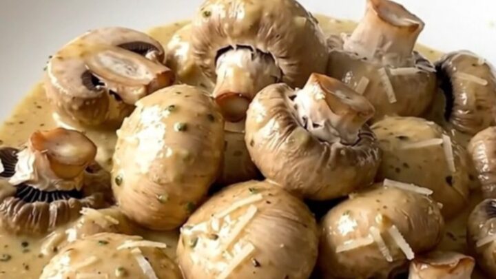 Creamy garlic parmesan mushrooms served in a white bowl with a rich, white sauce.