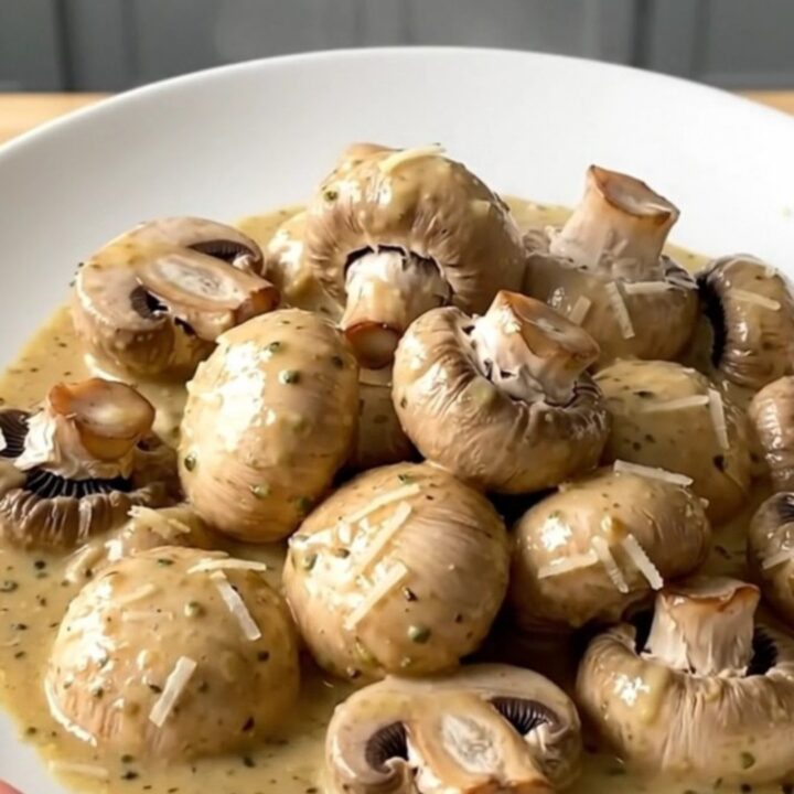 Creamy garlic parmesan mushrooms served in a white bowl with a rich, white sauce.