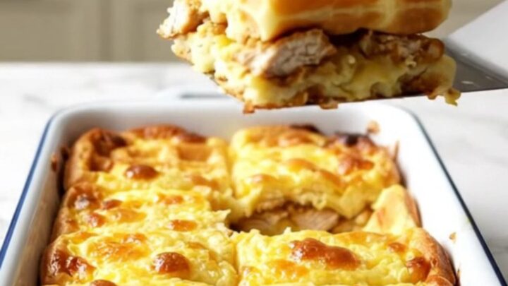 A rectangular baking dish filled with golden baked waffles and crispy breaded chicken bites.