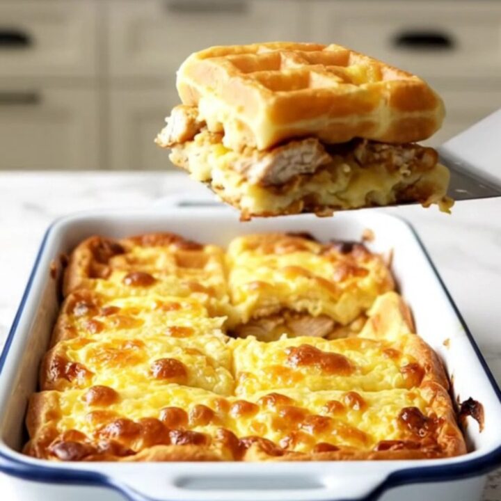 A rectangular baking dish filled with golden baked waffles and crispy breaded chicken bites.