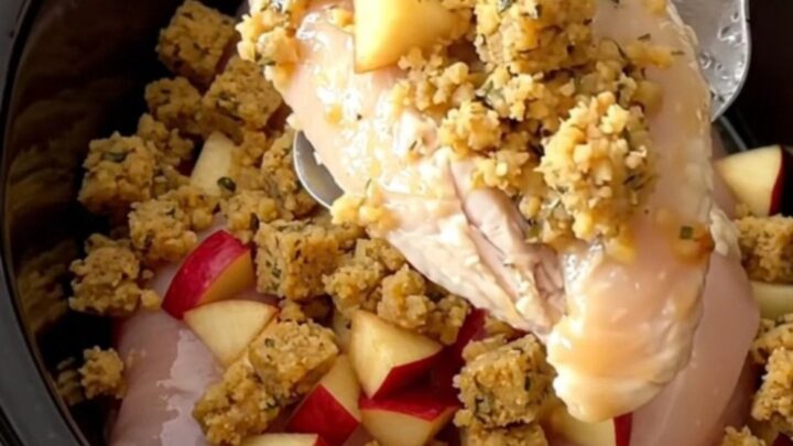 A close-up view of the slow cooker filled with chicken breasts topped with herb stuffing and diced apples.
