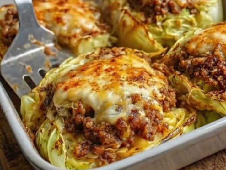 A close-up of a cheesy stuffed cabbage wedge with a dramatic cheese pull and rising steam.