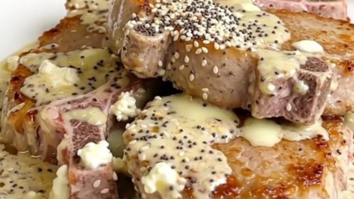 Five raw boneless pork chops arranged in a black slow cooker with sliced onions and a block of cream cheese.