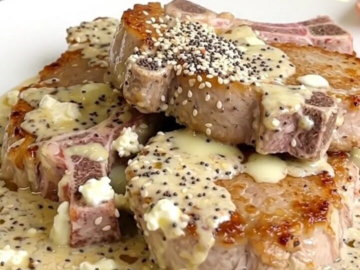 Five raw boneless pork chops arranged in a black slow cooker with sliced onions and a block of cream cheese.