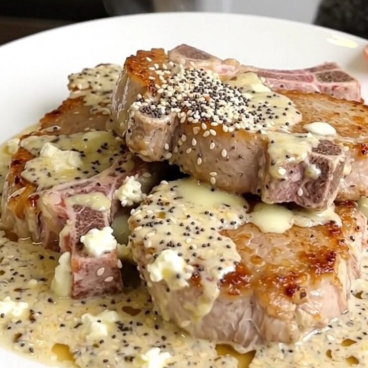 Five raw boneless pork chops arranged in a black slow cooker with sliced onions and a block of cream cheese.