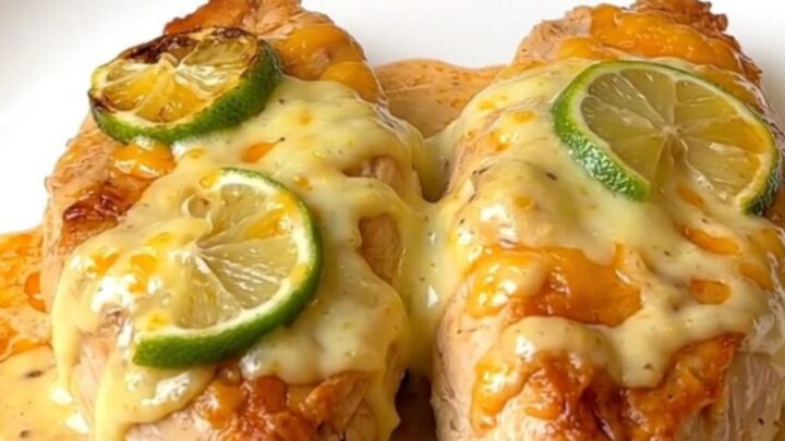 A close-up of tender, slow-cooked fiesta lime chicken breasts topped with melted cheese, lime slices, and a rich