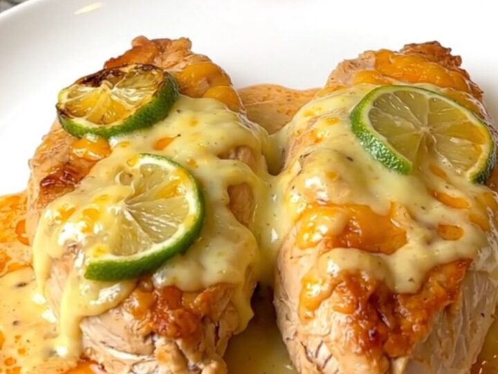 A close-up of tender, slow-cooked fiesta lime chicken breasts topped with melted cheese, lime slices, and a rich