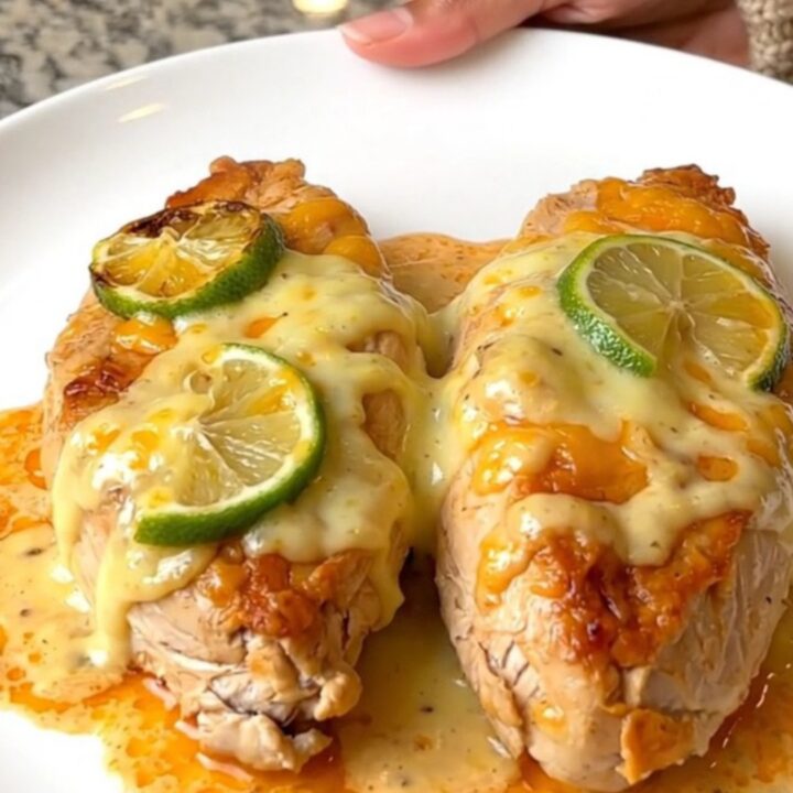 A close-up of tender, slow-cooked fiesta lime chicken breasts topped with melted cheese, lime slices, and a rich
