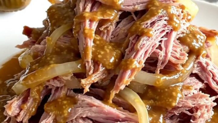A close-up of tender, shredded brown sugar Dijon pulled ham on a white plate.