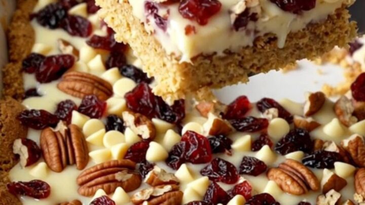 A top-down view of white chocolate cranberry magic bars in a white ceramic baking dish on a speckled counter.