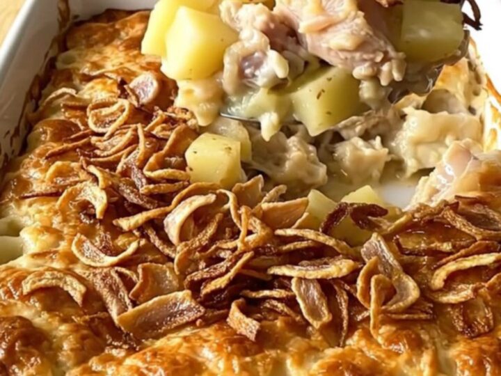 A top-down view of a creamy chicken and potato bake in a white ceramic dish topped with crispy fried onions.