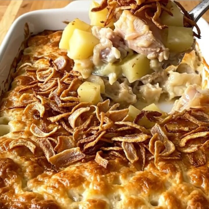 A top-down view of a creamy chicken and potato bake in a white ceramic dish topped with crispy fried onions.