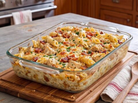 A close-up of a creamy chicken bacon ranch pasta bake in a glass dish with a golden, cheesy crust.