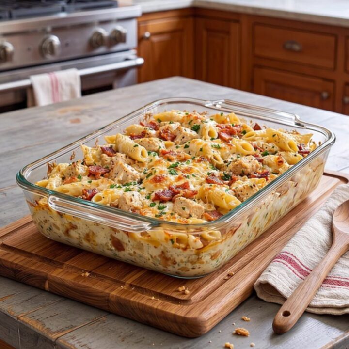 A close-up of a creamy chicken bacon ranch pasta bake in a glass dish with a golden, cheesy crust.
