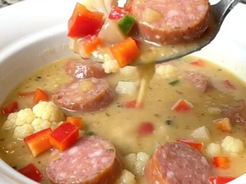 A close-up of creamy Italian sausage alfredo soup in a white bowl with steam rising.