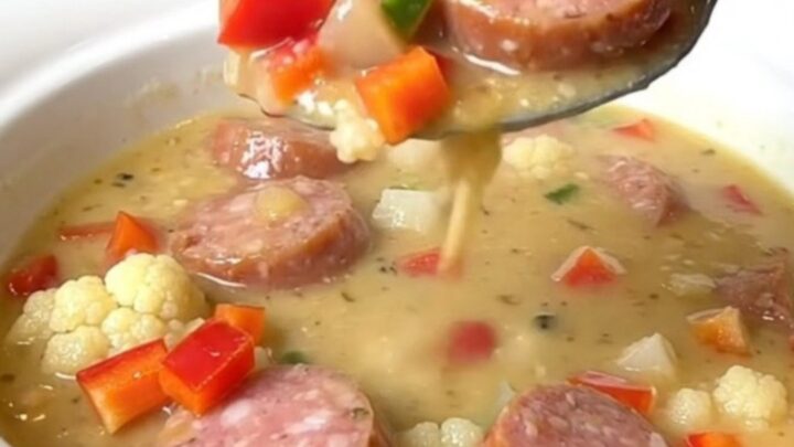A close-up of creamy Italian sausage alfredo soup in a white bowl with steam rising.
