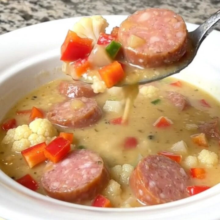 A close-up of creamy Italian sausage alfredo soup in a white bowl with steam rising.