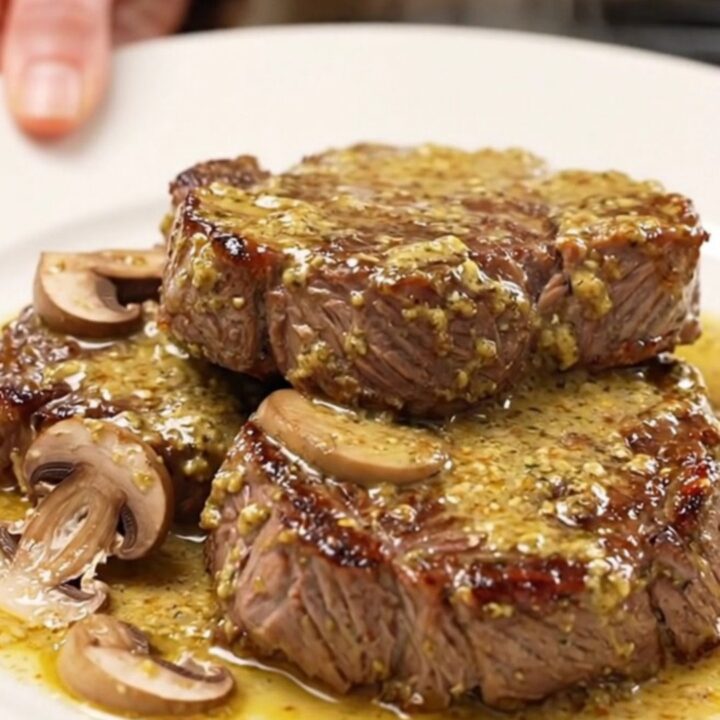 Slow cooker round steak Diane with mushrooms and a rich, creamy Dijon sauce served on a plate.