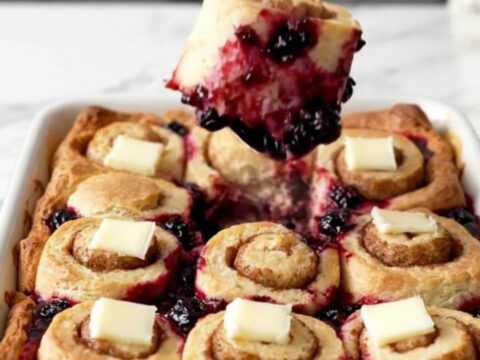 A large white ceramic dish filled with golden-brown cinnamon roll pieces and bubbling blueberry filling.