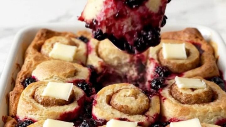 A large white ceramic dish filled with golden-brown cinnamon roll pieces and bubbling blueberry filling.