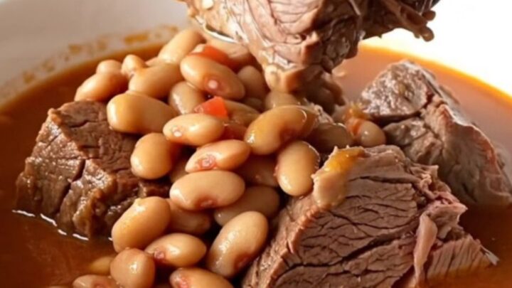A rustic white bowl filled with tender chunks of slow-cooked chuck roast and pinto beans in a thick tomato broth.