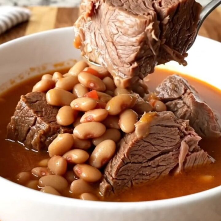 A rustic white bowl filled with tender chunks of slow-cooked chuck roast and pinto beans in a thick tomato broth.