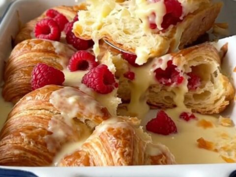 A golden, puffed raspberry cream cheese croissant bake in a white rectangular dish on a granite surface.