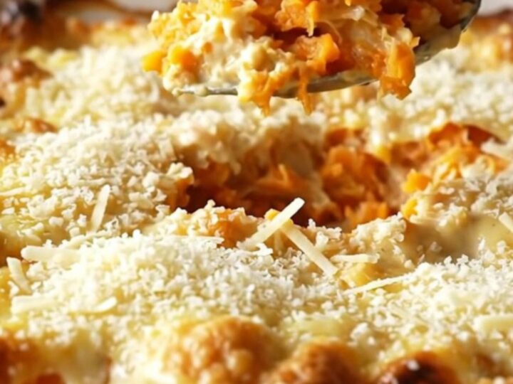 A ceramic baking dish filled with neatly layered, golden-brown parmesan scalloped sweet potatoes.