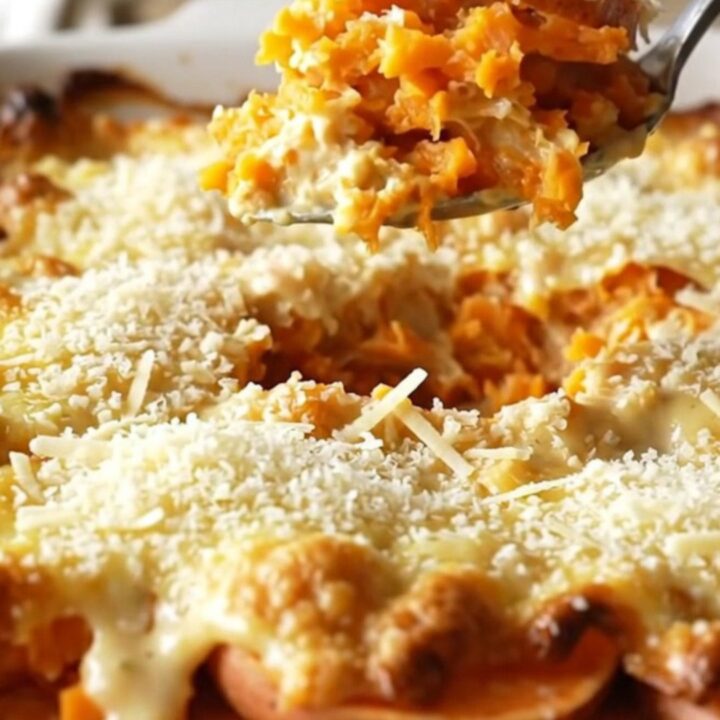 A ceramic baking dish filled with neatly layered, golden-brown parmesan scalloped sweet potatoes.