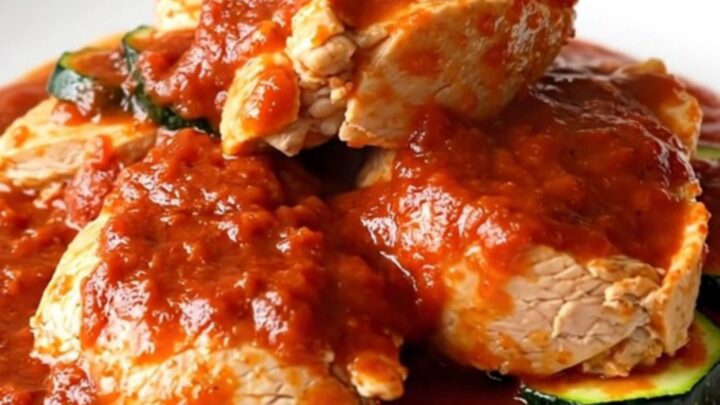 A top-down view of a slow cooker filled with tender chicken thighs, zucchini coins, and rich red marinara sauce.